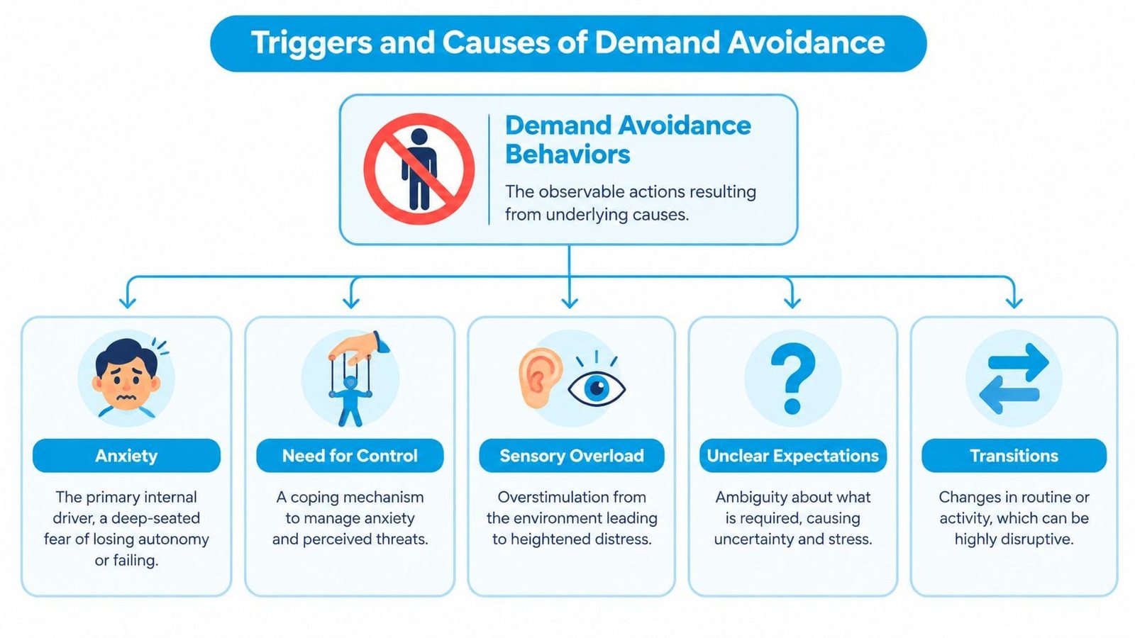 A diagram illustrating the various underlying triggers and causes of demand avoidance behaviors like anxiety and sensory overload.