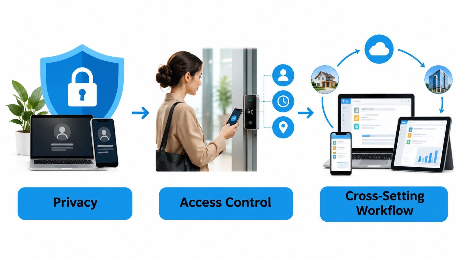 A diagram illustrating a digital security process involving privacy protection, mobile access control, and cross-setting data workflow management.