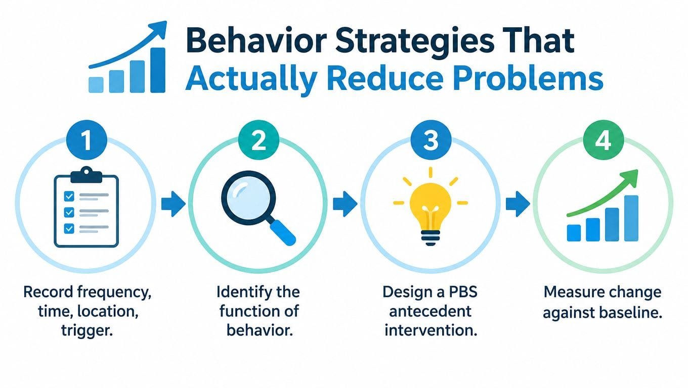 A four-step infographic illustrating a process for reducing behavior problems in the classroom using data collection.