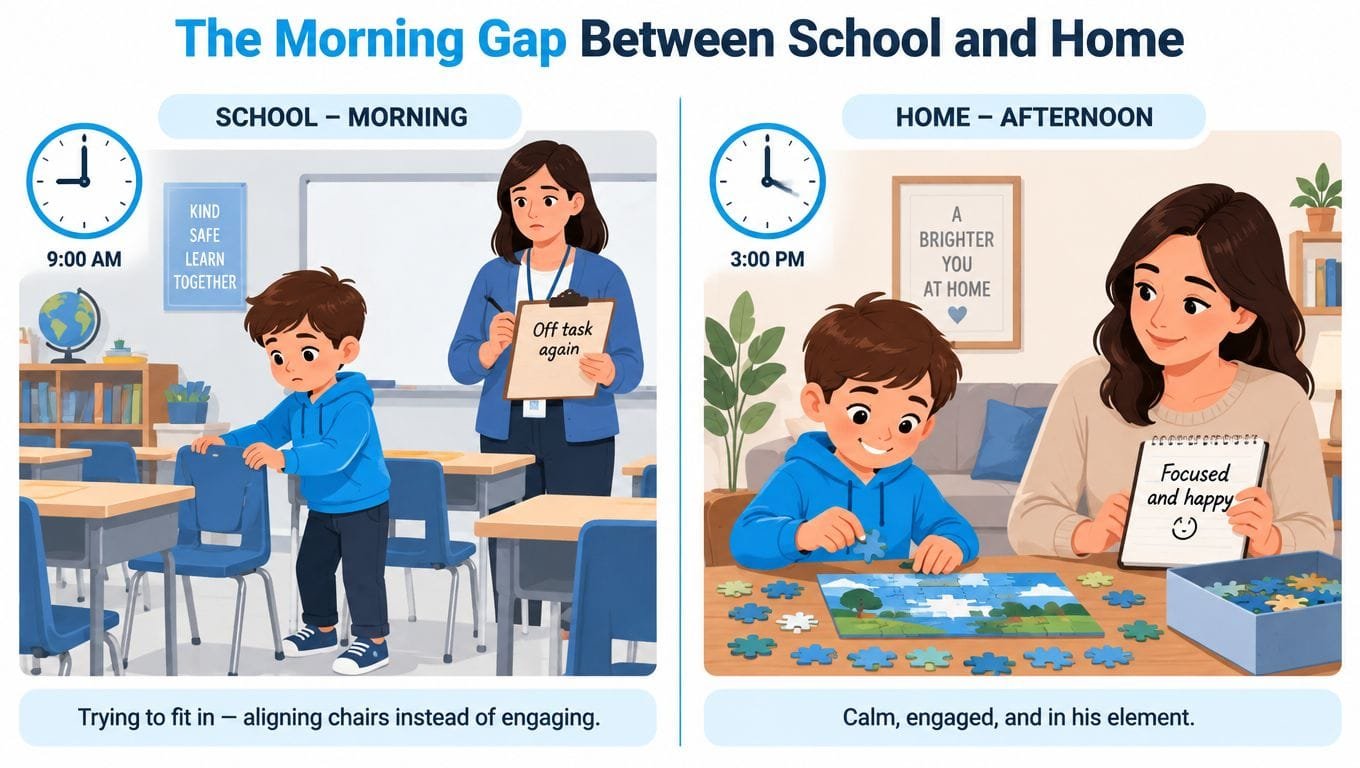 A split image showing a boy struggling in a classroom and thriving with a puzzle at home.