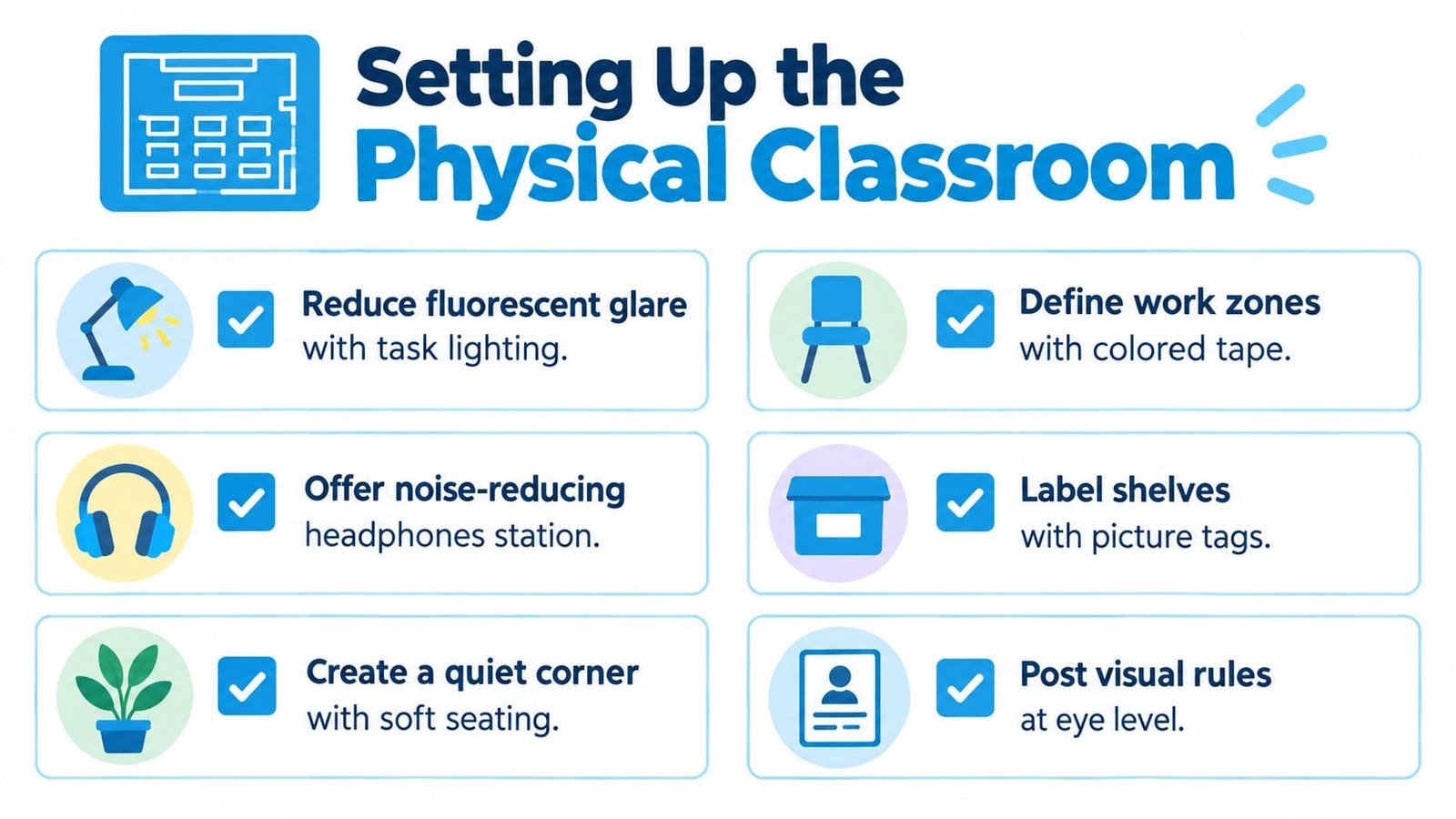 An infographic showing six tips for setting up a classroom for autistic or neurodivergent students.