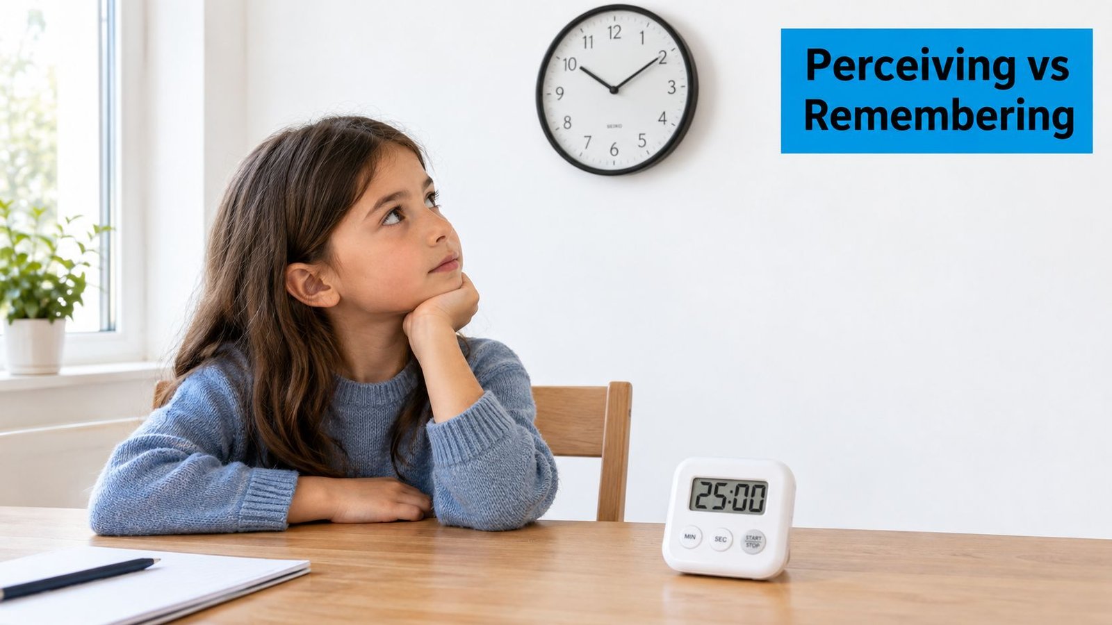 A young girl sitting at a table with a digital timer, looking up at a wall clock.