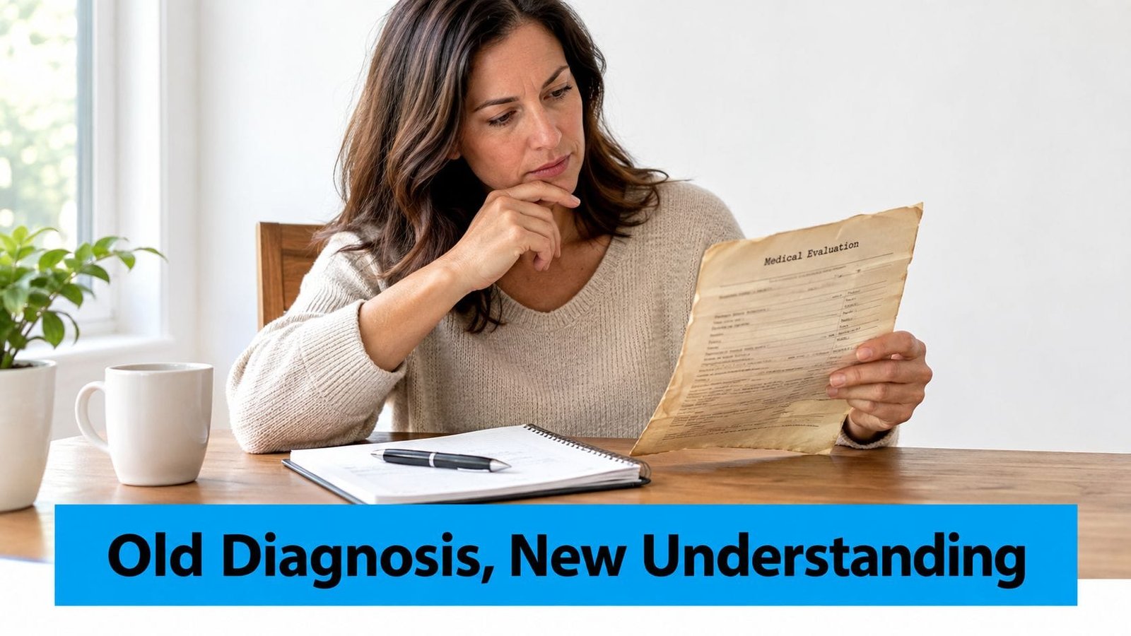 A woman sits at a wooden table thoughtfully reviewing a medical evaluation document with a pen nearby.