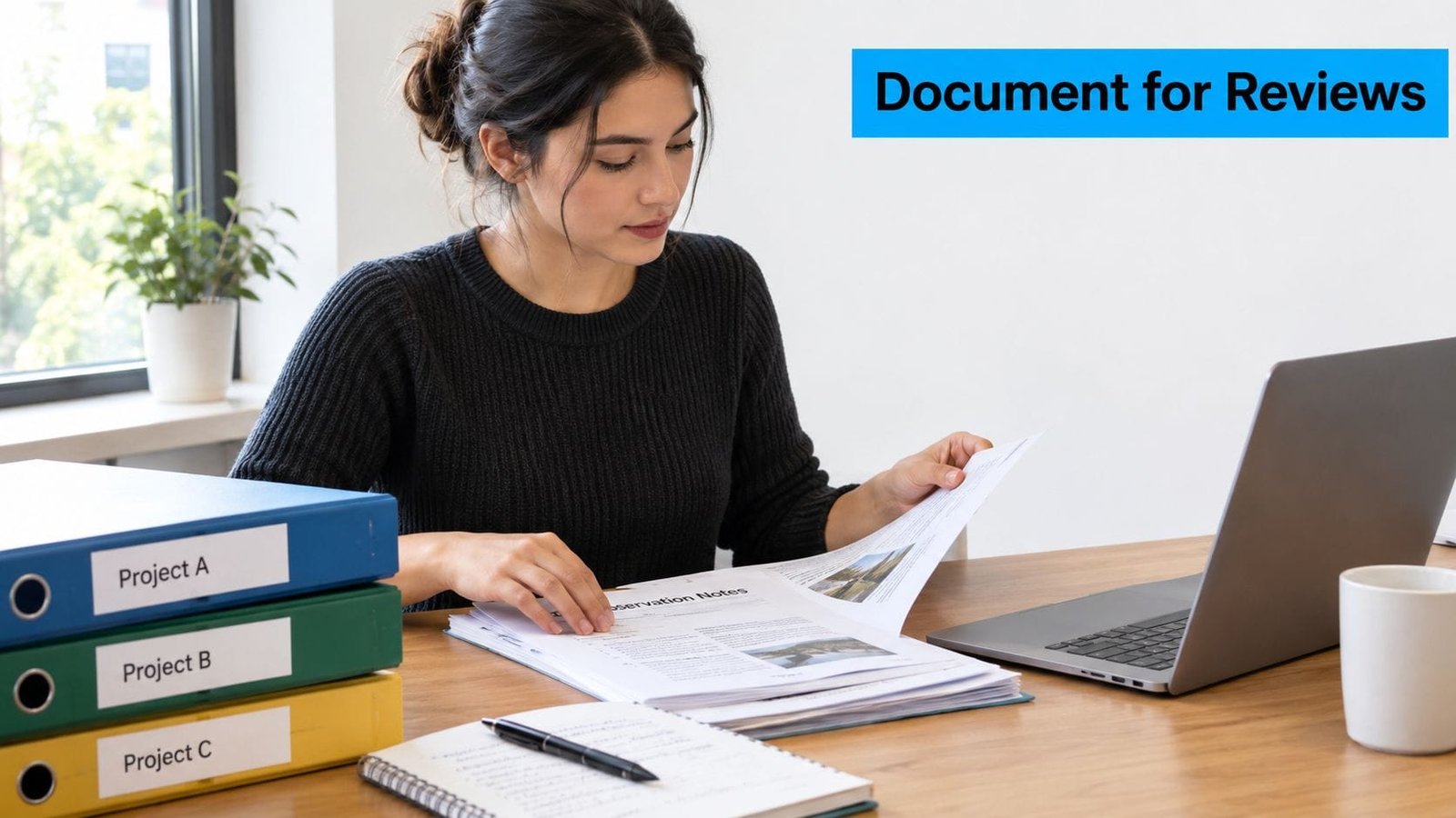 A professional woman at a desk organizing documents and files for a project review at her office.