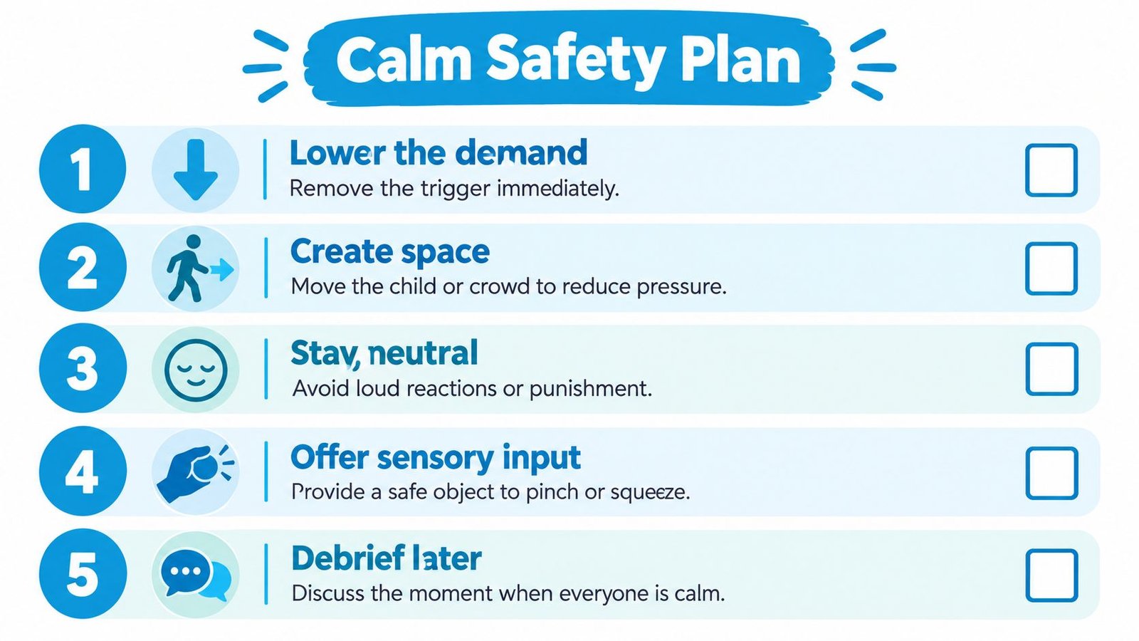 A five-step calm safety plan infographic for managing behavioral meltdowns in children or individuals with autism.