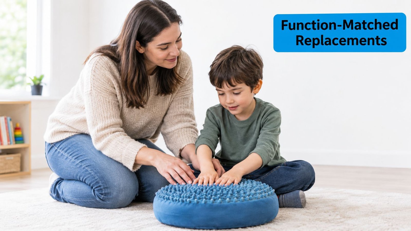 A mother supervises her young son playing with a textured sensory balance cushion on a rug.
