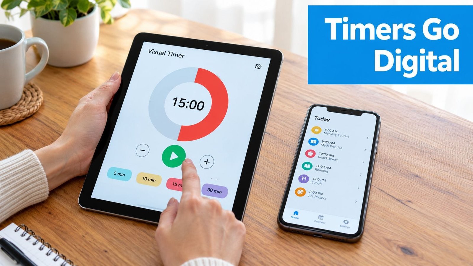 A person uses a digital visual timer app on a tablet next to a phone displaying a schedule.