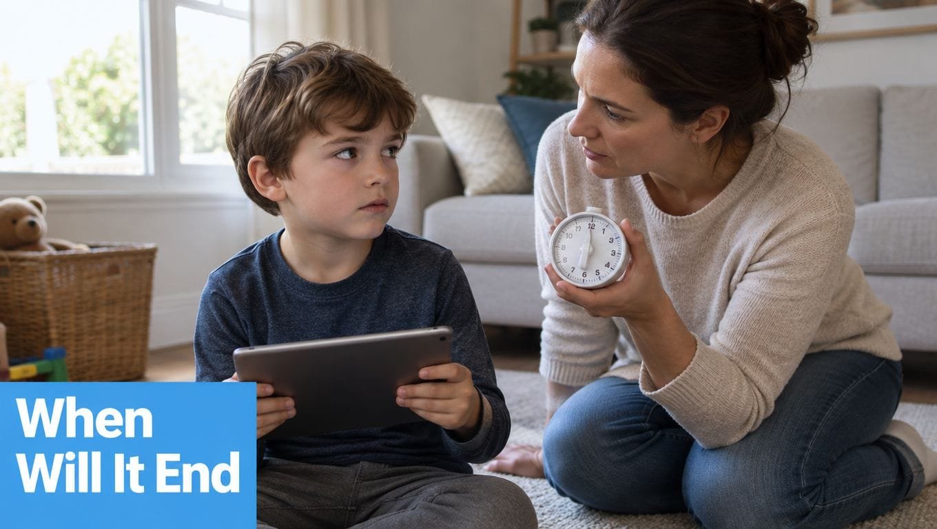 A mother shows a visual timer to her young son who is playing with a tablet.