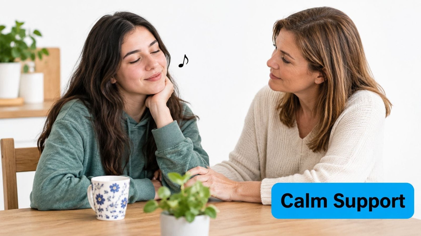 A supportive mother holding her teenage daughter's hand while the girl listens to music peacefully at home.