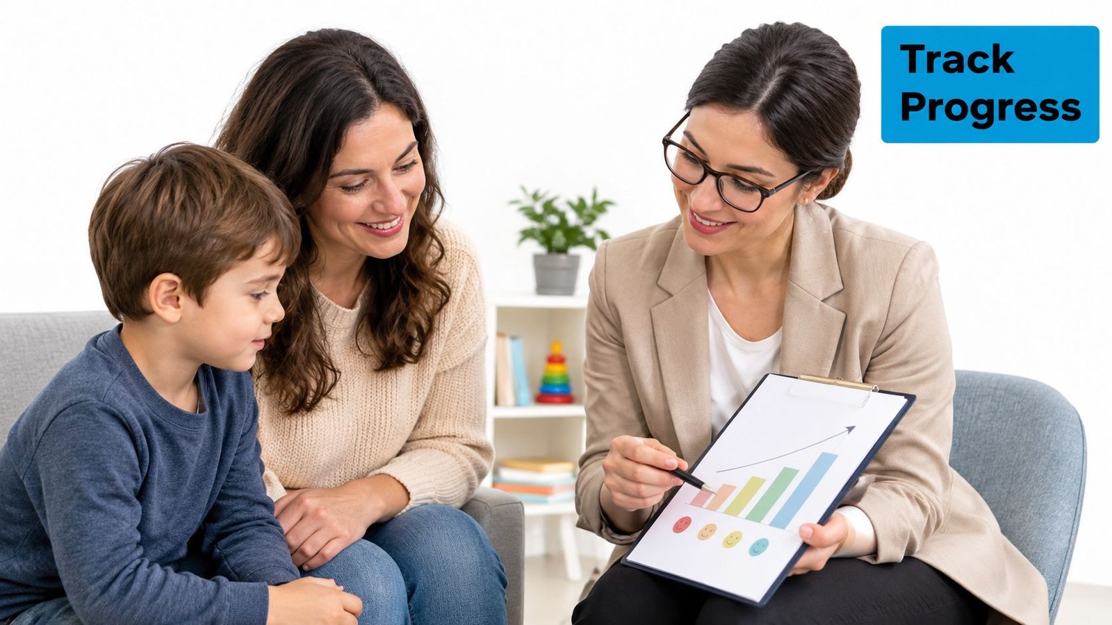 A professional therapist shows a progress chart to a young boy and his mother during a session.