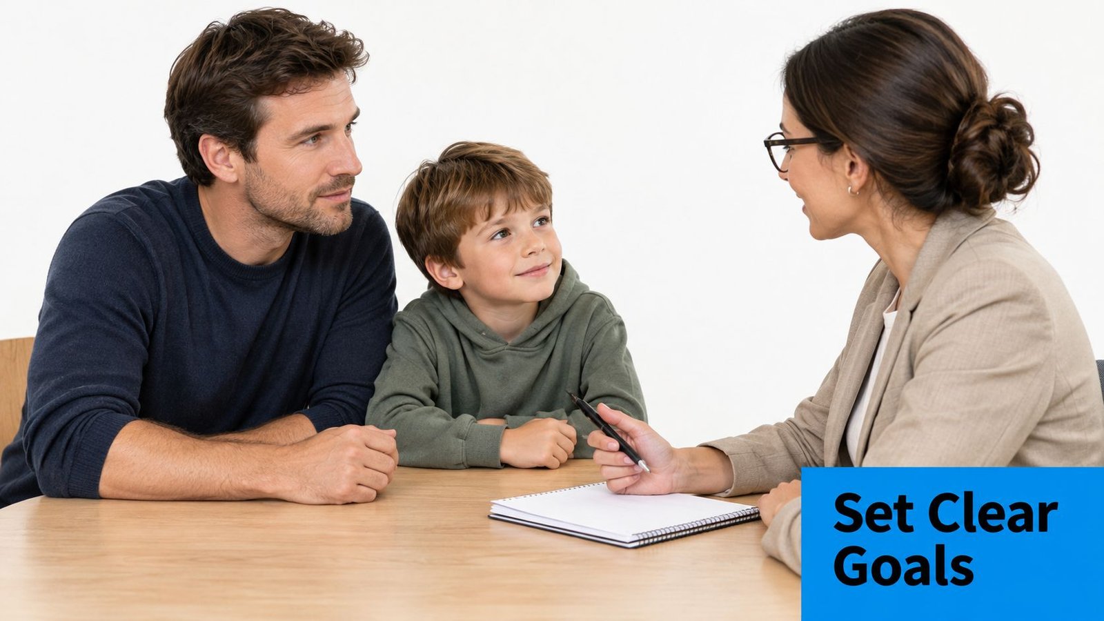 A father and son sitting at a table with a therapist during a counseling or consultation session.