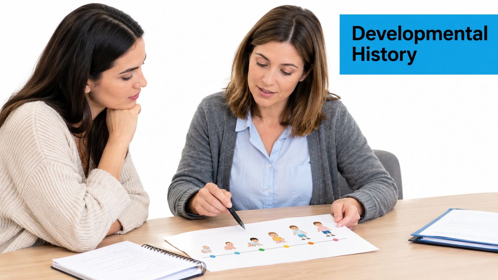A professional therapist explains a child's developmental milestones timeline to a young mother during a consultation.