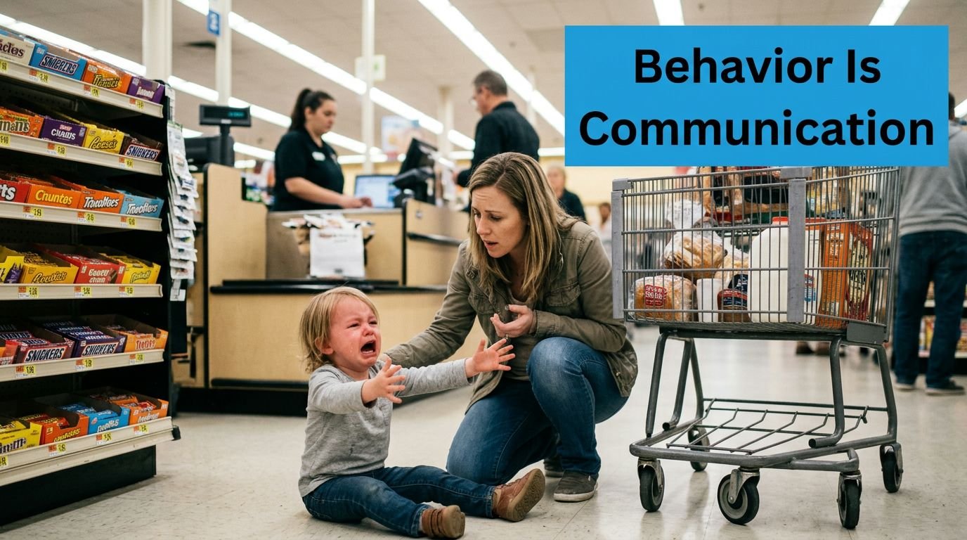 A young child crying on a grocery store floor while their mother kneels down to comfort them.