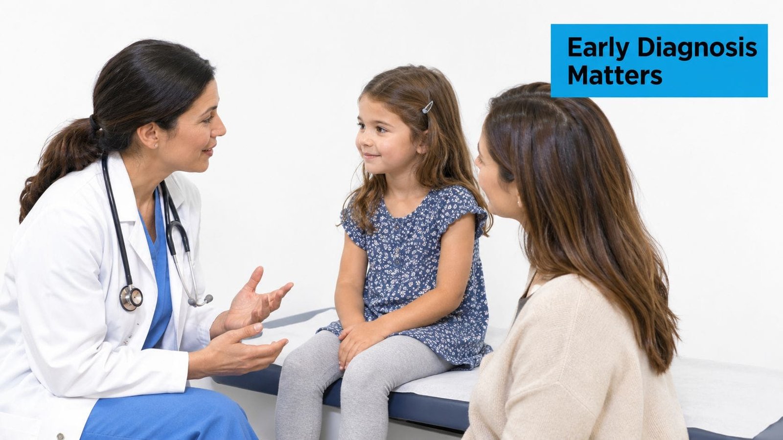 A female pediatrician talks to a young girl and her mother during a clinical office visit.