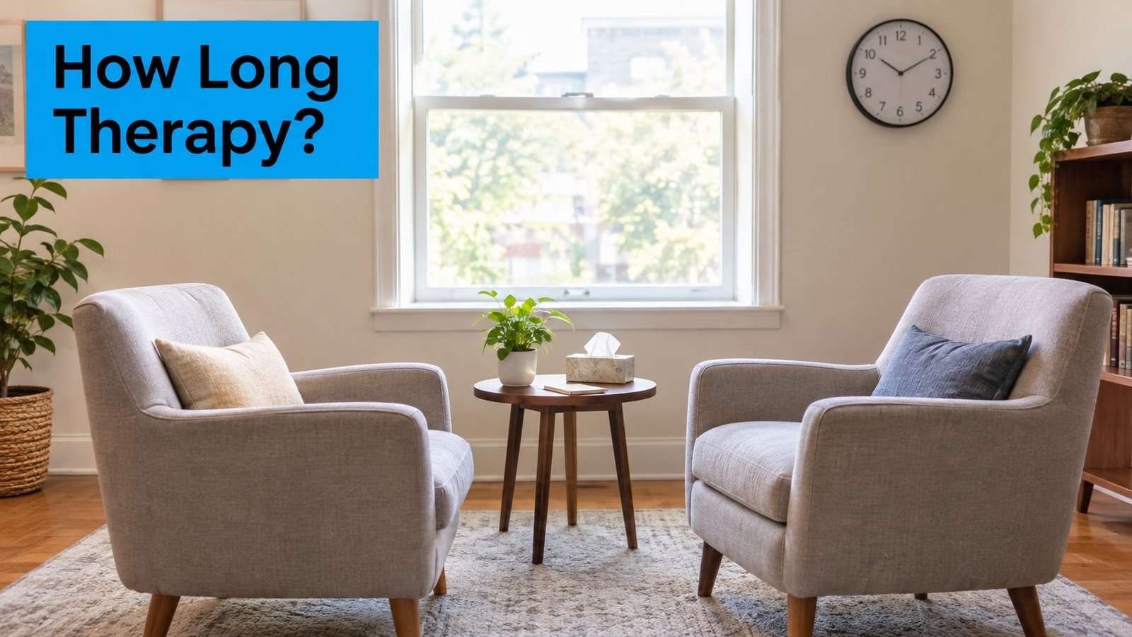 Two comfortable armchairs facing each other in a cozy therapy office with a small table between them.