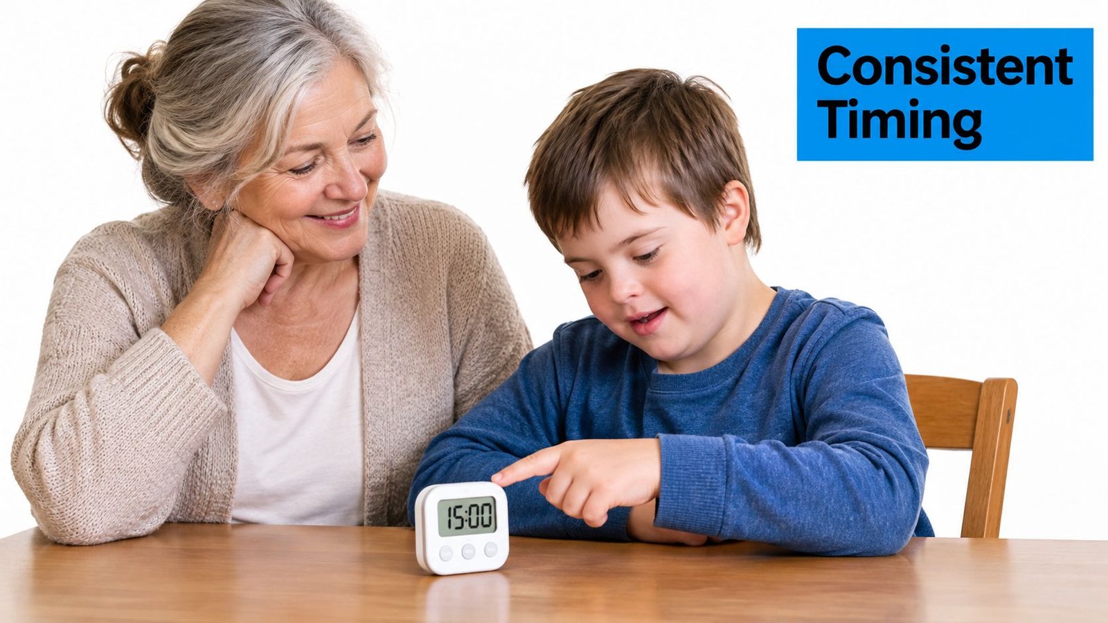 A woman and a young boy with Down syndrome sitting at a table using a digital timer.