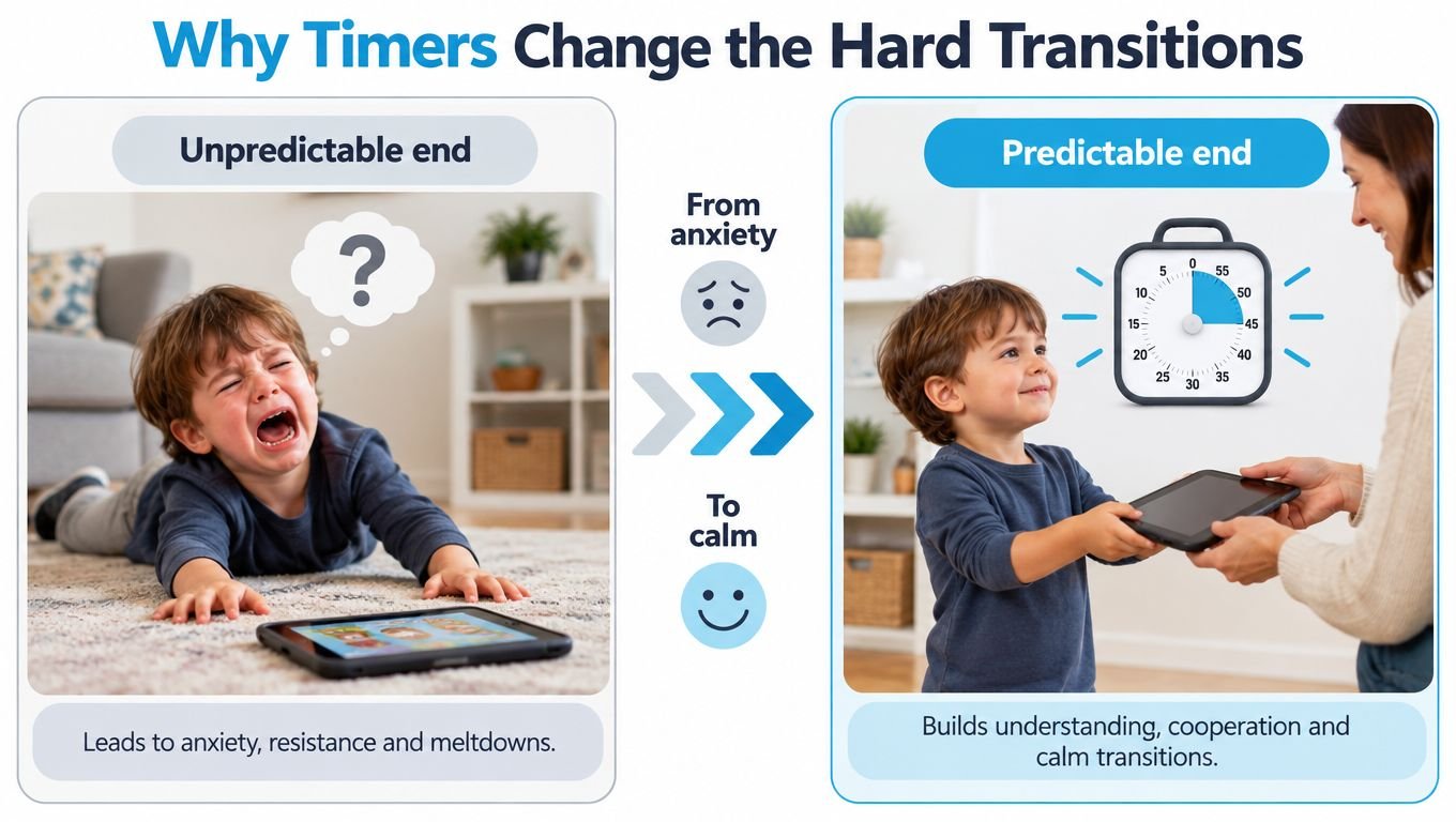 Visual comparison showing how visual timers reduce child tantrums and promote calm transitions during screen time.