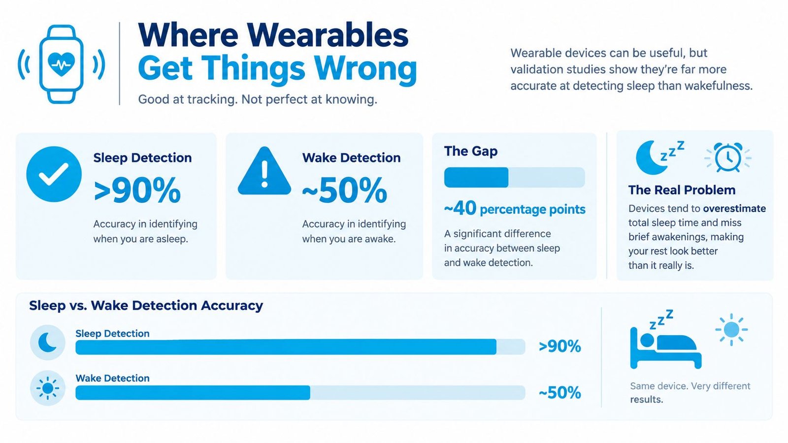 An infographic comparing wearable device accuracy showing over 90% for sleep detection versus 50% for wake detection.
