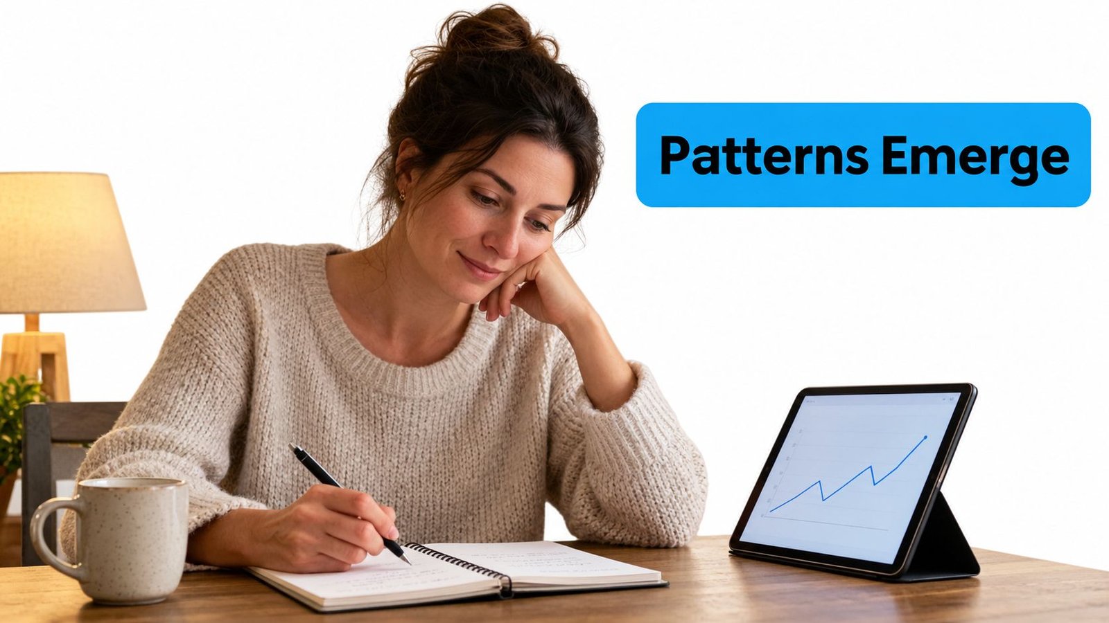 A woman writing in a notebook while looking at a data trend graph on her tablet.