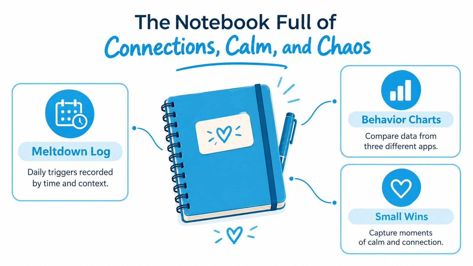 An infographic showing a notebook used to track meltdowns, behavior charts, and small wins for personal insights.